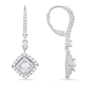 Diamond CZ Dangling Halo Leverback Earrings For Women/Ladies - Stamped 925 - Sterling Silver