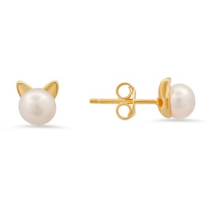 Sterling Silver Kitty Cat Genuine Pearl Stud Earrings For Ladies Women Girls - Stamped 925