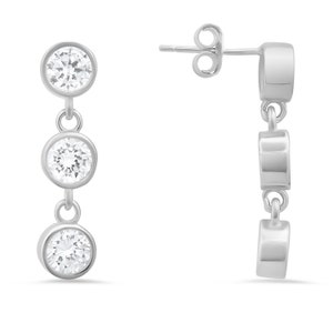 May include: Silver dangle earrings with three round clear cubic zirconia stones.