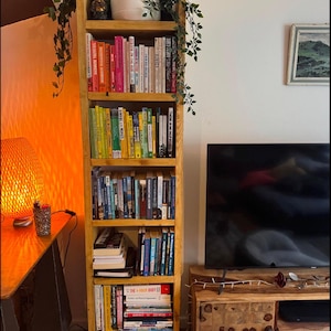 Rustic Narrow Wooden Bookcase | Solid Scaffold Timber Style | Industrial Wall Shelf Unit, Display Shelving, Living Room, Kitchen, Office
