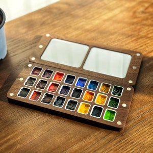 Travel Size/Portable 24 well mini watercolor palette,Wood Artist Paint Palette, retro art,Wooden watercolor box, Palette, Painting Mixing