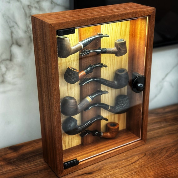 Tobacco Pipes Display Case ,with Lighting Display,storage/display of 8  Pipes, Handmade of Solid Wood，gifts for Dad/smoker/husband