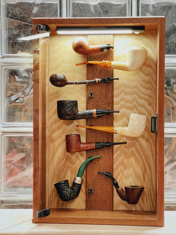 tobacco display case Storage/display of 10 Pipes,tobacco Pipes Display Case ,with Lighting  Display, Handmade of Solid Wood，gifts for Dad/smoker/husband