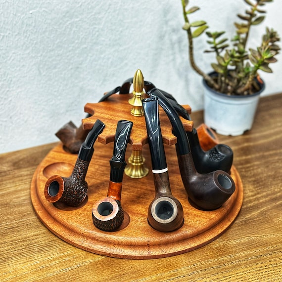 vintage pipe and tobacco holder Stand for 10 Tobacco Pipe, Round Vintage Pipe Rack,classical Smoking Pipes  Rack , Made of Solid Wood,gift for Smokers