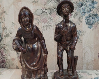 Two Vtg Brown Glaze Old Man and Woman Figurines Decor Painted Ceramic Signed Mc