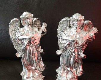 Pair Angels Playing a Lute Taper Candle Holders, Silver Painted Resin - Set of 2