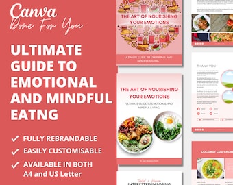 May include: A pink and white Canva template for an ultimate guide to emotional and mindful eating. The template includes a title, a description, and a call to action. The template is fully rebrandable and customizable. It is available in both A4 and US Letter sizes.