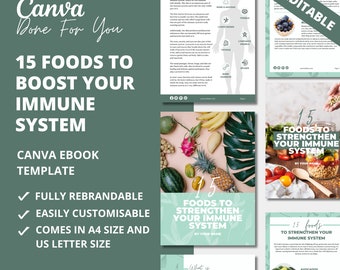 May include: A green and white Canva ebook template with the title "15 Foods to Boost Your Immune System". The template is fully rebrandable, easily customizable, and comes in A4 and US letter sizes. The template features a colorful image of fruits and vegetables, and includes text about the immune system.