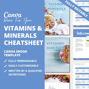 Vitamins and minerals cheat sheet, DFY eBook, lead magnet for health and fitness coaches, health coaching resources, CANVA TEMPLATE, plr