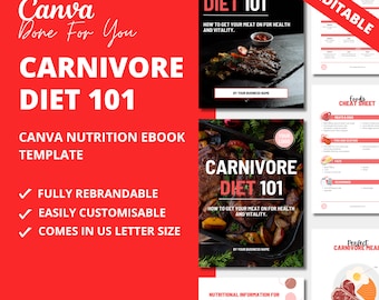 May include: A red and black Canva ebook template for a Carnivore Diet 101 guide. The template includes a title page, a cheat sheet, and nutritional information for different types of meat. The template is fully rebrandable and customizable.