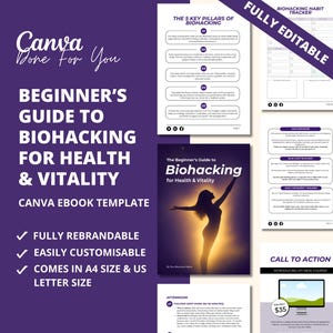 May include: A purple Canva ebook template titled "Beginner's Guide to Biohacking for Health & Vitality." The design includes a silhouette of a person, and the text "Fully Rebrandable," "Easily Customisable," and "Comes in A4 Size & US Letter Size."