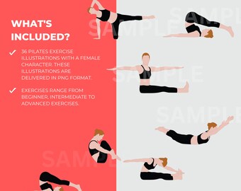 Pilates Exercise Illustrations: 34 PNG Female Workout Clipart