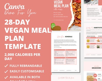May include: A pink and white digital template for a 28-day vegan meal plan with 2,000 calories per day. The template includes a meal schedule, healthy food substitutes, and a breakdown of calories, carbs, protein, and fat. The text on the template reads "Canva Done For You 28-Day Vegan Meal Plan Template 2,000 Calories Per Day Fully Rebrandable Easily Customisable Available in Both A4 and US Letter 28-Day Vegan Meal Plan with recipes Eat Clean Eat Low Carb 2,000 Calories Per Day By Your Business Name Meal Plan Schedule Healthy Food Substitute Meal Plan Breakdown Calories 2,000 Carbs 2750 Protein 750 Fat 476"