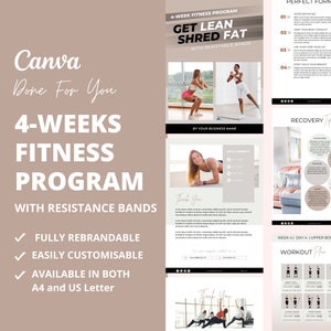 Könnte beinhalten: Ein digitaler, druckbarer 4-Wochen-Fitnessplan mit Widerstandsbändern. Das Programm beinhaltet einen Trainingsplan, Tipps zur Erholung und Anweisungen für die perfekte Form. Das Programm ist vollständig umbrandbar und anpassbar und in den Formaten A4 und US Letter verfügbar.