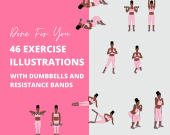 Exercise Clipart: African American Female, Dumbbell & Resistance Band Illustrations (PNG)