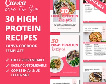 May include: A pink and white Canva cookbook template with the text "30 High Protein Recipes" and "Canva Cookbook Template". The template is fully rebrandable and customizable and comes in A4 and US letter size. The template includes images of various high protein recipes.