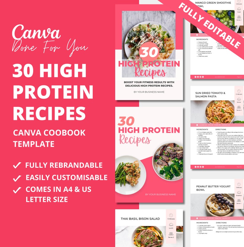 30 High Protein Recipes, Recipe Book Template, PLR Digital Product, Done For You Canva eBook Template For Your Coaching Business, Editable