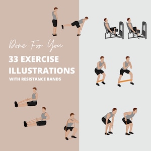 33 oefeningsillustraties met weerstandsbanden, 2D-illustraties, png-indeling, workoutclipart, oefeningsclipart, fitness-clipart