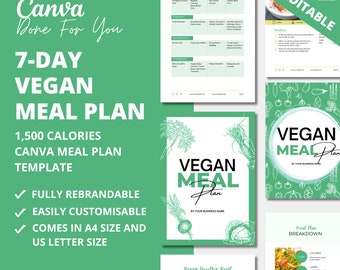 May include: A green and white Canva template for a 7-day vegan meal plan. The template includes a meal plan schedule, a vegan meal plan breakdown, and a berry smoothie bowl recipe. The text "FULLY EDITABLE" is in the top right corner of the image.