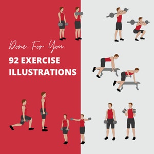 92 Exercise Illustrations in PNG format, 2D Illustrations, Male Character in Red Clothing, Workout Clipart, Fitness Clipart, Exercise