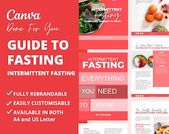 Puede incluir: Una guía rosa y blanca sobre el ayuno intermitente con el texto "Canva Done For You Guide To Fasting Intermittent Fasting" y una lista de características: "Totalmente rebrandable", "Fácilmente personalizable", "Disponible en A4 y en formato carta de EE. UU.".