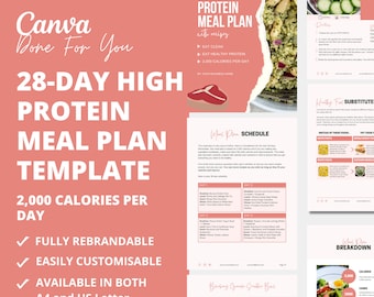 28-Day High Protein Meal Plan Template: Canva eBook (PLR)