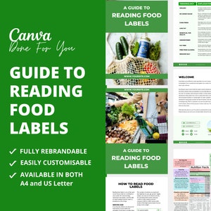 Guide to reading food labels, nutrition ebook template, health coaching resources for coaches, customizable Canva template, DFY content