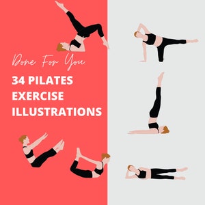 34 ilustraciones de ejercicios de Pilates en formato PNG, ilustraciones 2D, ilustración de personaje femenino, clipart de entrenamiento, clipart de ejercicio