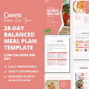 Plantilla de plan de comidas de 28 días (PLR) con recetas saludables, plantilla de libro electrónico de Canva, productos digitales (PLR), productos digitales (DFY) para tu coaching.