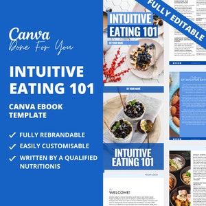 Puede incluir: Una plantilla de ebook Canva azul y blanca para una guía de alimentación intuitiva 101. La plantilla incluye una página de título con el texto "Alimentación intuitiva 101" y un subtítulo que dice "Por tu nombre". La plantilla también incluye una página de bienvenida con el texto "¡Hola Bienvenido!" y una página con el texto "Desafíos de la alimentación intuitiva".