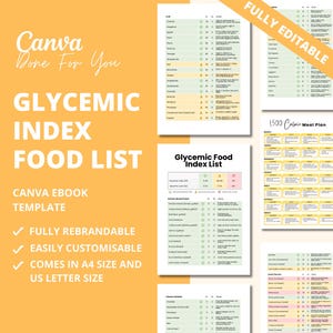 Elenco di alimenti con indice glicemico, tabella dei colori a basso indice glicemico, elenco di alimenti a basso contenuto di carboidrati, elenco di alimenti per diabetici, diabete di tipo 2, prodotti digitali PLR, prodotti DFY