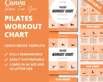 May include: A printable Pilates workout chart template in orange and white. The chart includes a variety of exercises with illustrations and descriptions. The template is fully editable and rebrandable. It comes in A4 and US letter sizes.
