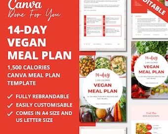 May include: A 14-day vegan meal plan template with a red background and images of vegan food. The text on the template says "14-Day Vegan Meal Plan, 1,500 Calories, Canva Meal Plan Template, Fully Rebrandable, Easily Customisable, Comes in A4 Size and US Letter Size".