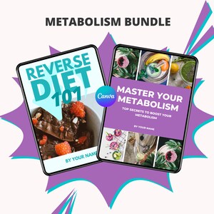 Könnte beinhalten: Ein digitales Produktpaket mit zwei E-Books zum Thema Stoffwechsel. Das erste E-Book trägt den Titel "Reverse Diet 101" und zeigt ein Foto eines Schokoladendesserts mit Himbeeren. Das zweite E-Book trägt den Titel "Master Your Metabolism" und zeigt eine Collage aus Fotos von gesundem Essen und Getränken.