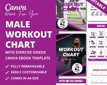 May include: A purple and black digital ebook template for a male workout chart. The template includes a fitness tracker, workout charts for shoulders, glutes and legs, and a sample workout chart. The text "FULLY EDITABLE" is in large white letters on a purple background.