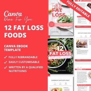 Puede incluir: Una plantilla de ebook Canva rosa y blanca para un ebook de 12 alimentos para perder grasa. La plantilla es totalmente rebrandable y personalizable. El ebook incluye recetas de alimentos saludables y deliciosos. La plantilla está escrita por un nutricionista cualificado.