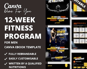 12-Week Fitness Program for Men: Canva eBook Template (PLR Digital Product)