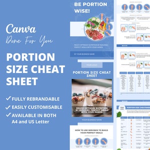 Könnte beinhalten: Ein blaues und weißes druckbares Spickzettel mit dem Titel "Portion Size Cheat Sheet". Das Blatt enthält eine visuelle Anleitung zu Portionsgrößen anhand von Handmessungen, eine Tabelle mit Portionsgrößen für Lebensmittel und einen Abschnitt darüber, wie man perfekte Mahlzeiten zusammenstellt. Das Blatt ist vollständig umbrandbar und anpassbar und in den Formaten A4 und US Letter verfügbar.