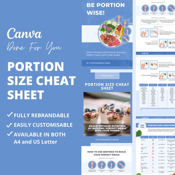 Portion Size Cheat Sheet, Portion Size Charts, Nutrition ebook for health and fitness coaches, Canva ebook template, lead magnet