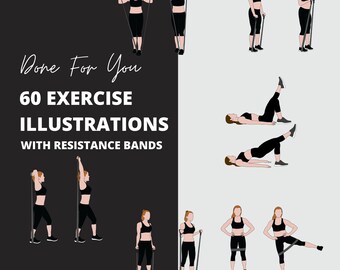 May include: 60 exercise illustrations with resistance bands. The illustrations show a person performing various exercises using a resistance band. The illustrations are in black and white.