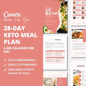 28-Day Keto Meal Plan Template with Healthy Recipes, 2,000 calories per day Meal Plan, Editable Meal Plan for Health Coaches, Canva