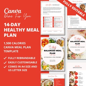 Plantilla de plan de comidas PLR de 14 días con recetas, plantilla de libro electrónico de Canva, productos digitales PLR, productos digitales DFY, plan de comidas PLR, editable, dfy