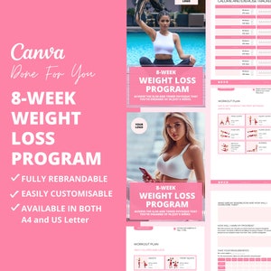Könnte beinhalten: Ein druckbares 8-Wochen-Programm zur Gewichtsabnahme in Rosa und Weiß mit einem Trainingsplan, einem Kalorien- und Bewegungstracker sowie Platz zum Verfolgen des Fortschritts. Das Programm beinhaltet einen Trainingsplan für Gesäß und Beine sowie einen Abschnitt zum Messen.