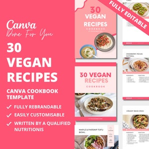 30 recetas veganas, producto digital PLR, plantilla de recetario, plantilla de ebook de Canva, plantilla de recetas lista para usar para tu negocio de coaching