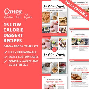 15 recetas de postres bajos en calorías, plantilla de recetario, plantilla de ebook de Canva, producto digital PLR listo para usar para tu negocio de coaching, DFY