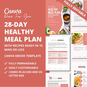 Modèle de plan de repas sains de 28 jours avec recettes saines, 2 000 calories par jour, plan de repas modifiable pour les coachs de santé, modèle de livre électronique Canva