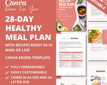 28-Day Healthy Meal Plan Template with Healthy Recipes, 2,000 calories per day, Editable Meal Plan for Health Coaches, Canva eBook Template
