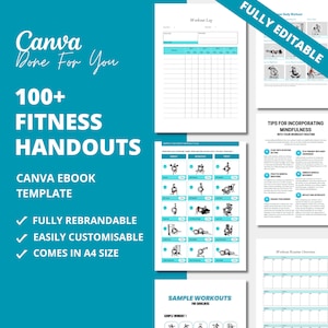 Puede incluir: Una plantilla de libro electrónico de fitness digital con un diseño en color turquesa y blanco. El texto de la portada dice "100+ FITNESS HANDOUTS" y "CANVA EBOOK TEMPLATE". Las páginas adicionales incluyen registros de entrenamiento, ejemplos de planes de entrenamiento y consejos para incorporar la atención plena. La plantilla es totalmente personalizable y en tamaño A4.