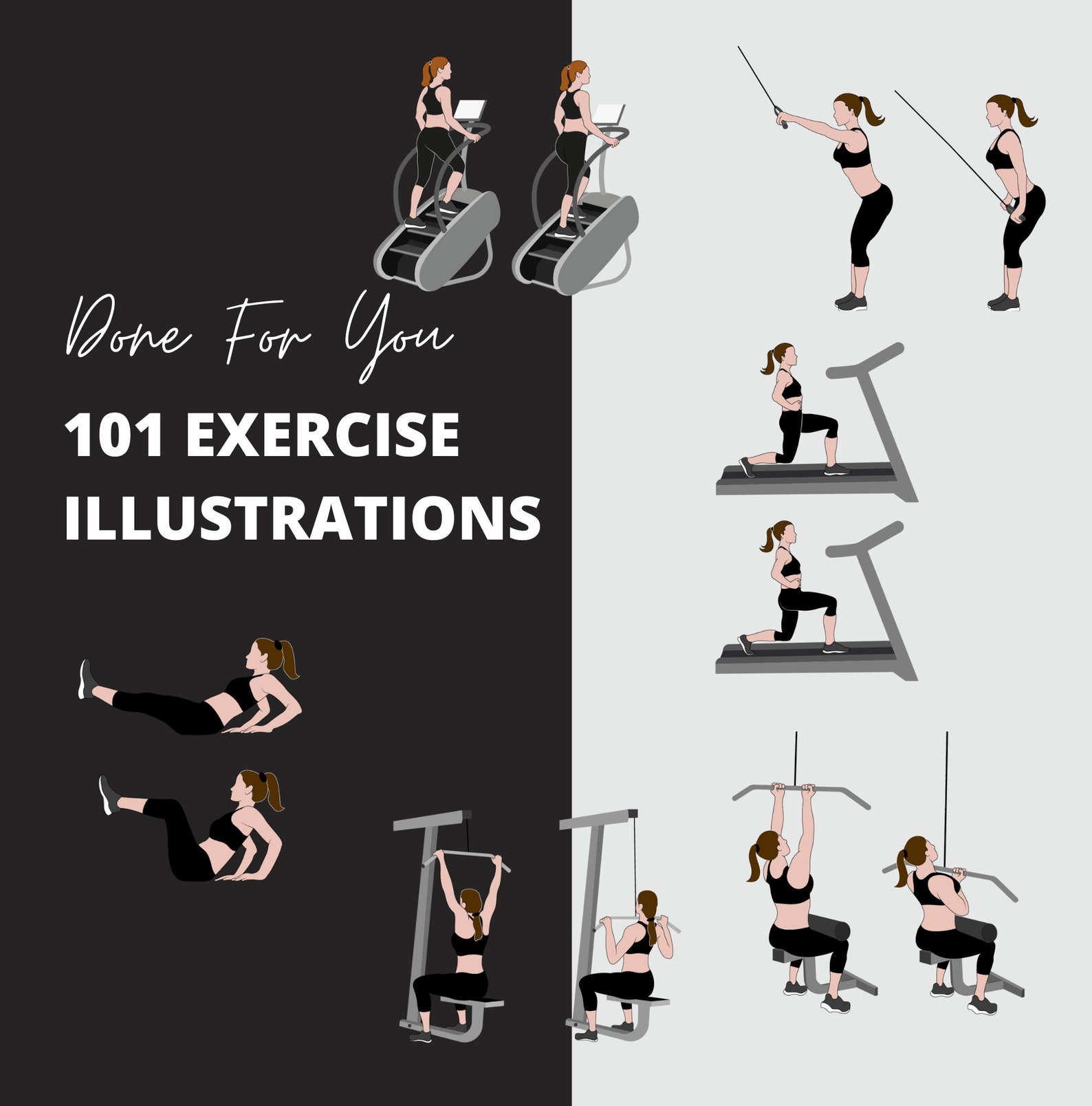 101 exercise illustrations in png format 2d illustrations gym based