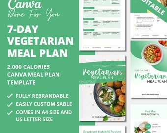 Plantilla de plan de comidas vegetarianas de 7 días: eBook de Canva (producto digital PLR)